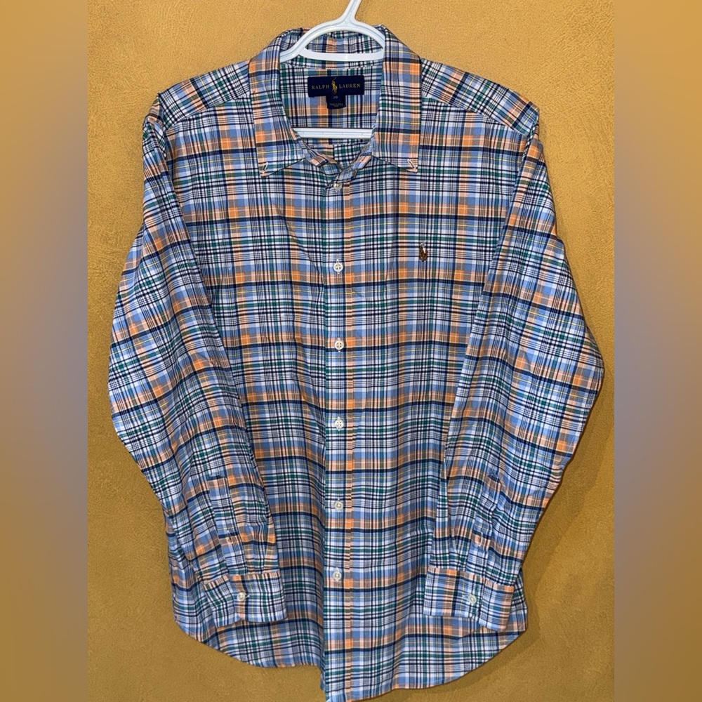 Polo by Ralph Lauren Men's Blue and Orange Plaid Shirt
